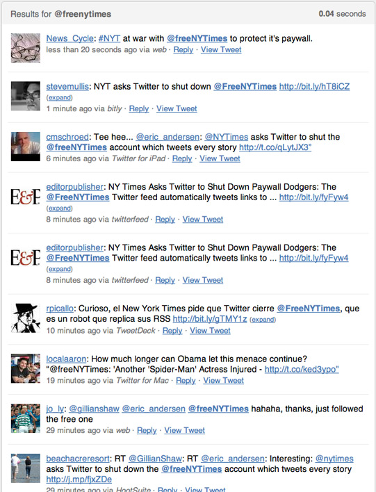 Twitter search for @freeNYTimes